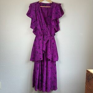 Vintage Samantha Black Floral Midi Dress Womens 18 Purple Ruffle Tiered Wrap